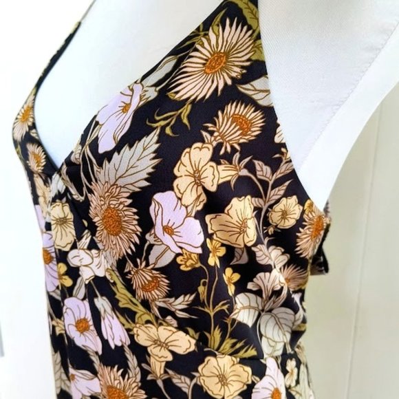 Black with Neutral Floral Print V-Neck Sating Dress - Picture 1 of 9